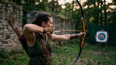 Female archer drawing a wooden recurve bow aiming at an outdoor target by stone ruins