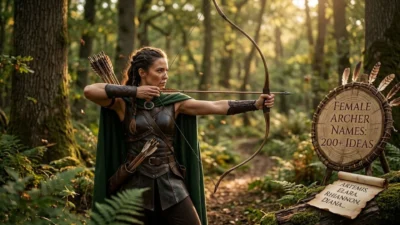 A determined female archer draws a longbow in a sunlit forest next to a target and name scroll.