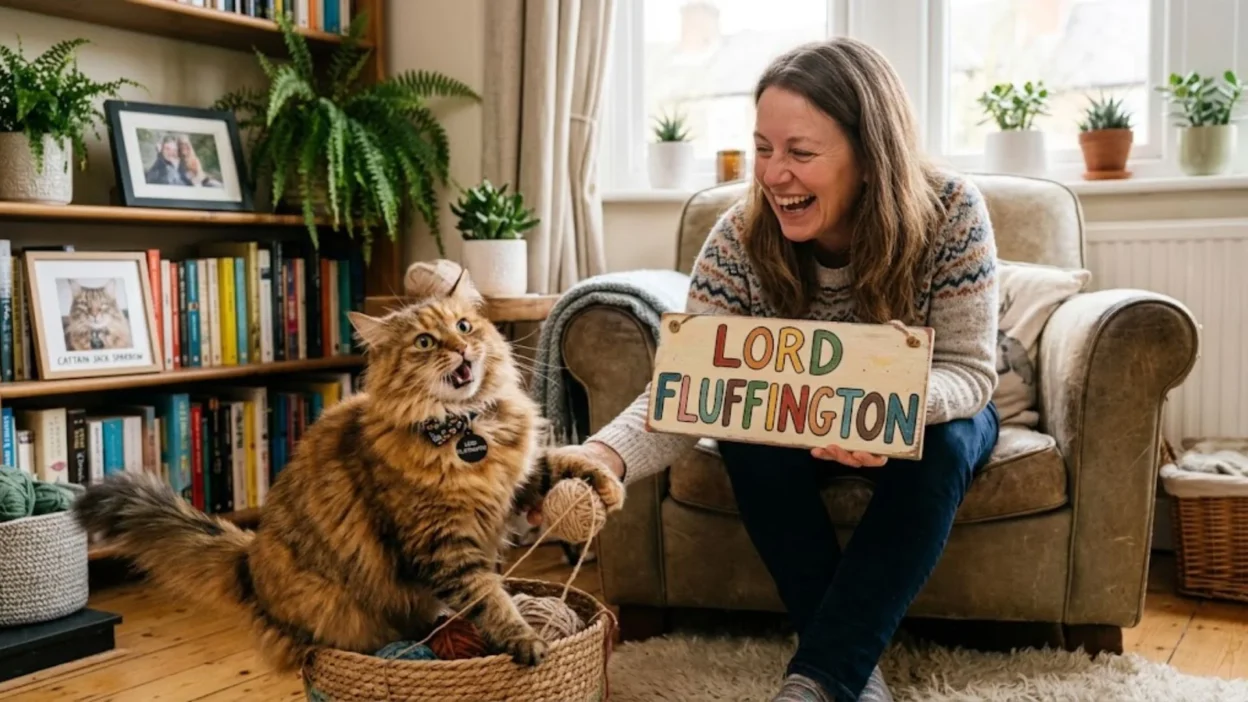 Fluffy tabby cat making an expressive face beside a woman holding a Lord Fluffington sign