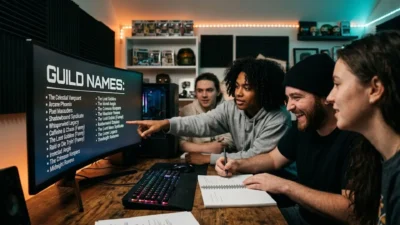 A group of gamers smiling around a PC monitor brainstorming creative guild names.