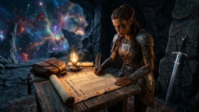Female Githyanki warrior writing names on parchment by lamplight in the Astral Sea