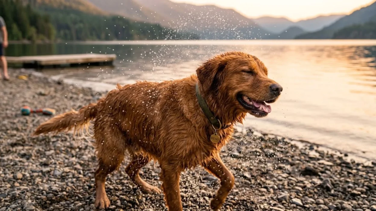 Wet golden retriever dog shaking water off its coat along a pebbled lake shore at sunset