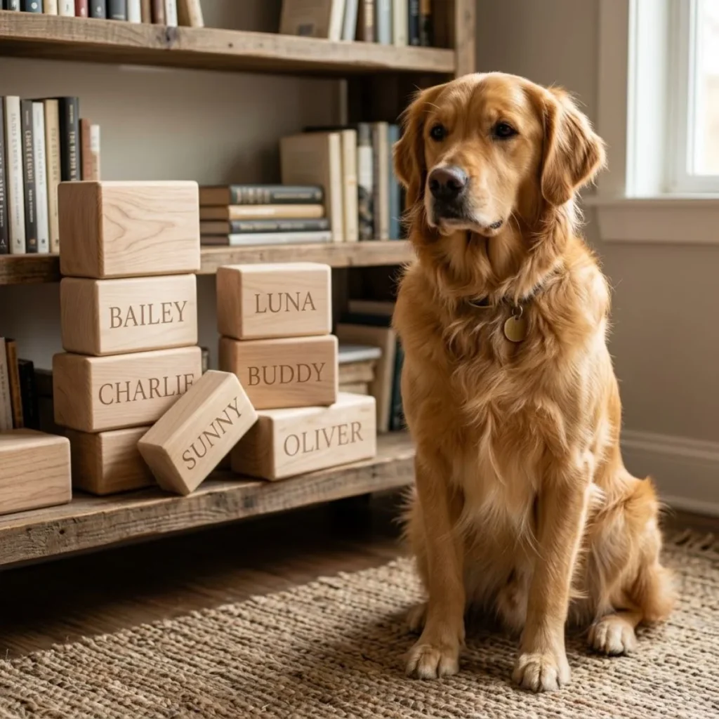 Golden retriever sitting next to wooden blocks engraved with dog names by a bookshelf