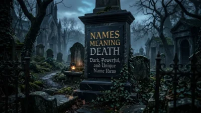 A dark stone monument in a moody cemetery with gold text reading Names Meaning Death.