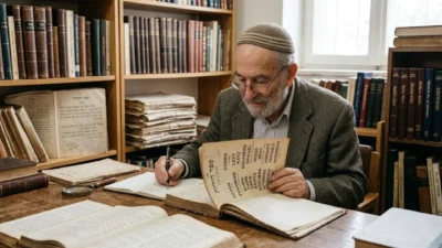 Elderly scholar in a yarmulke studying Jewish last names in historic genealogical archives