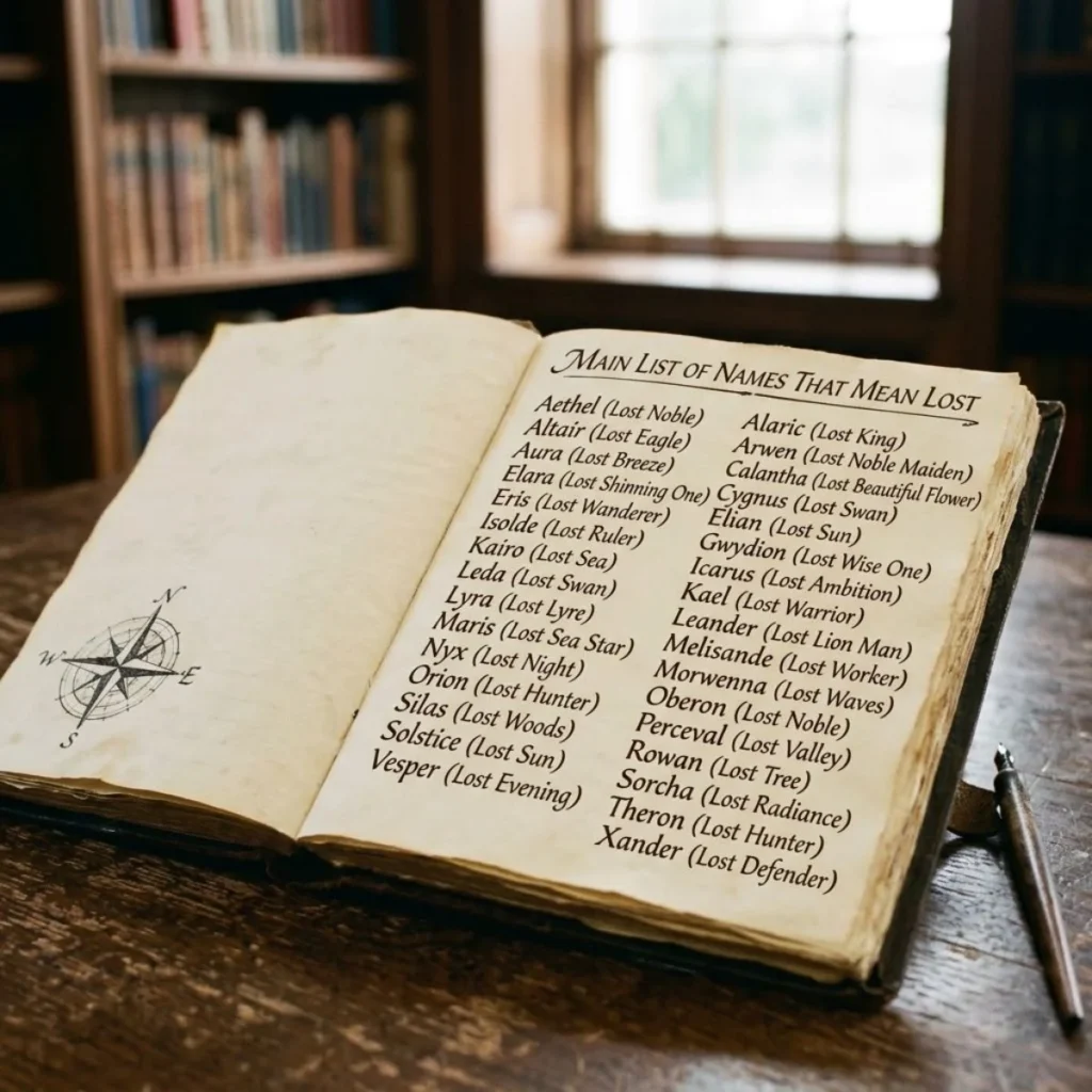 Open antique book showing a handwritten list of names that mean lost with a compass illustration on aged paper