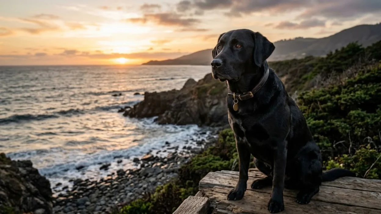 A sleek black Labrador sits calmly on a rustic wooden platform overlooking a rocky coast at sunset.
