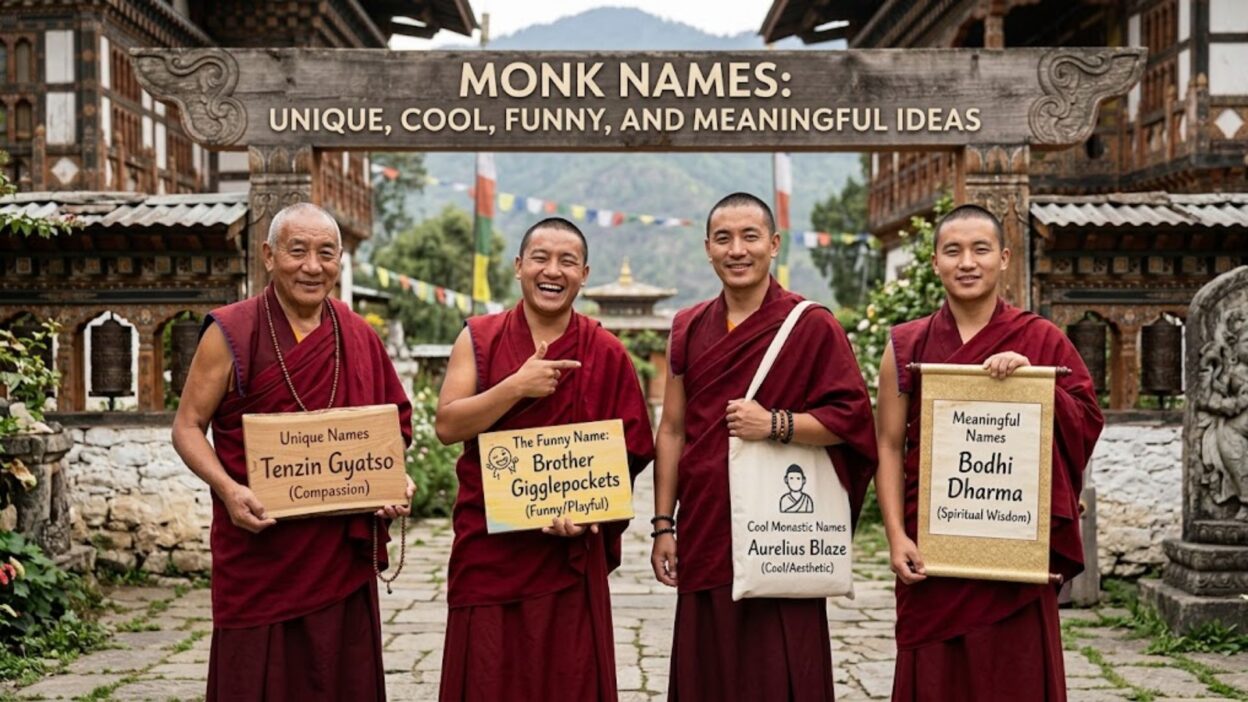 Four Buddhist monks holding signs showing funny, cool, and meaningful monk names outdoors