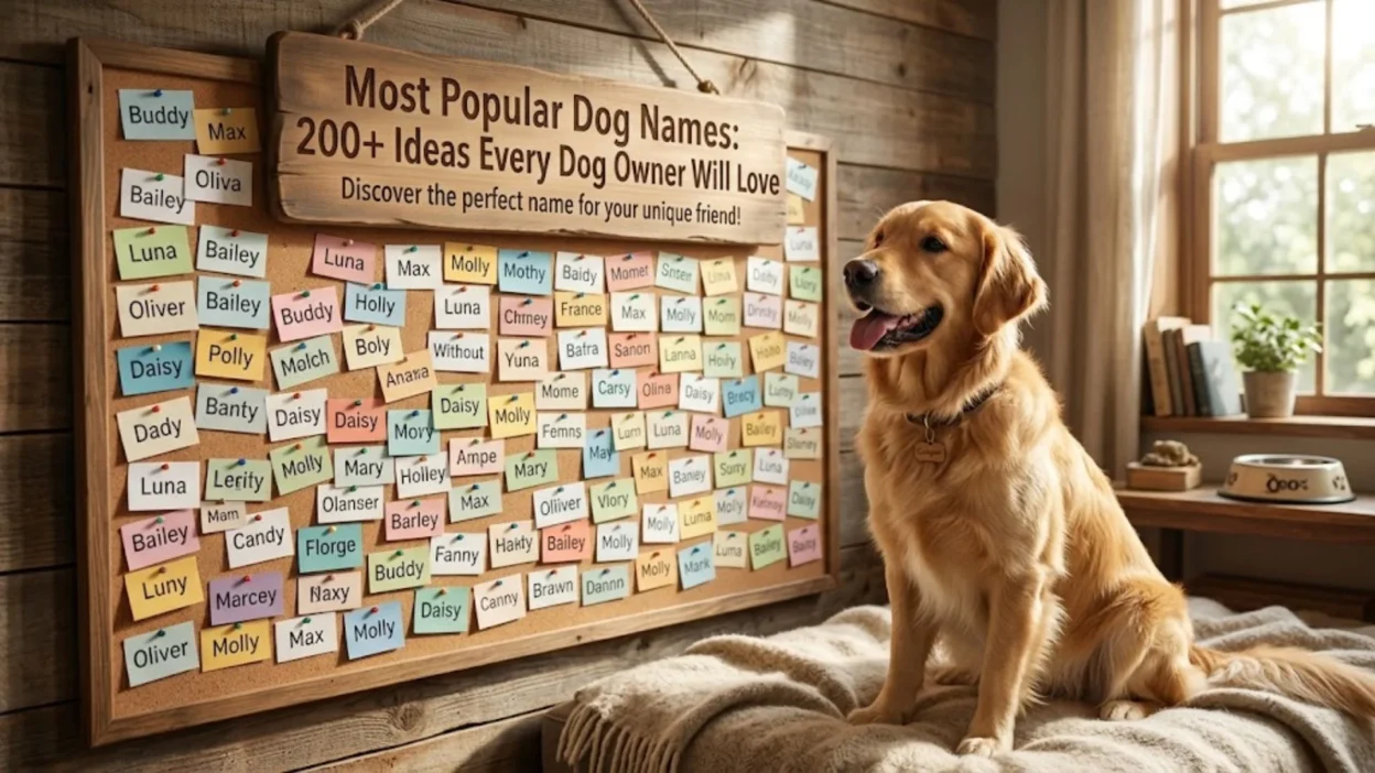 Golden retriever sitting beside a large cork board covered in colorful sticky notes with popular dog names