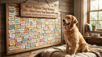 Golden retriever sitting beside a large cork board covered in colorful sticky notes with popular dog names