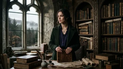 Woman in dark green coat holding an antique book by an arched window in a gothic castle library.