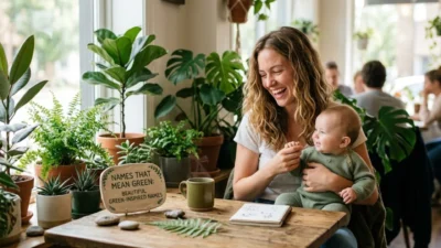 Mother holding her baby next to green potted houseplants and a ceramic mug on a cafe table