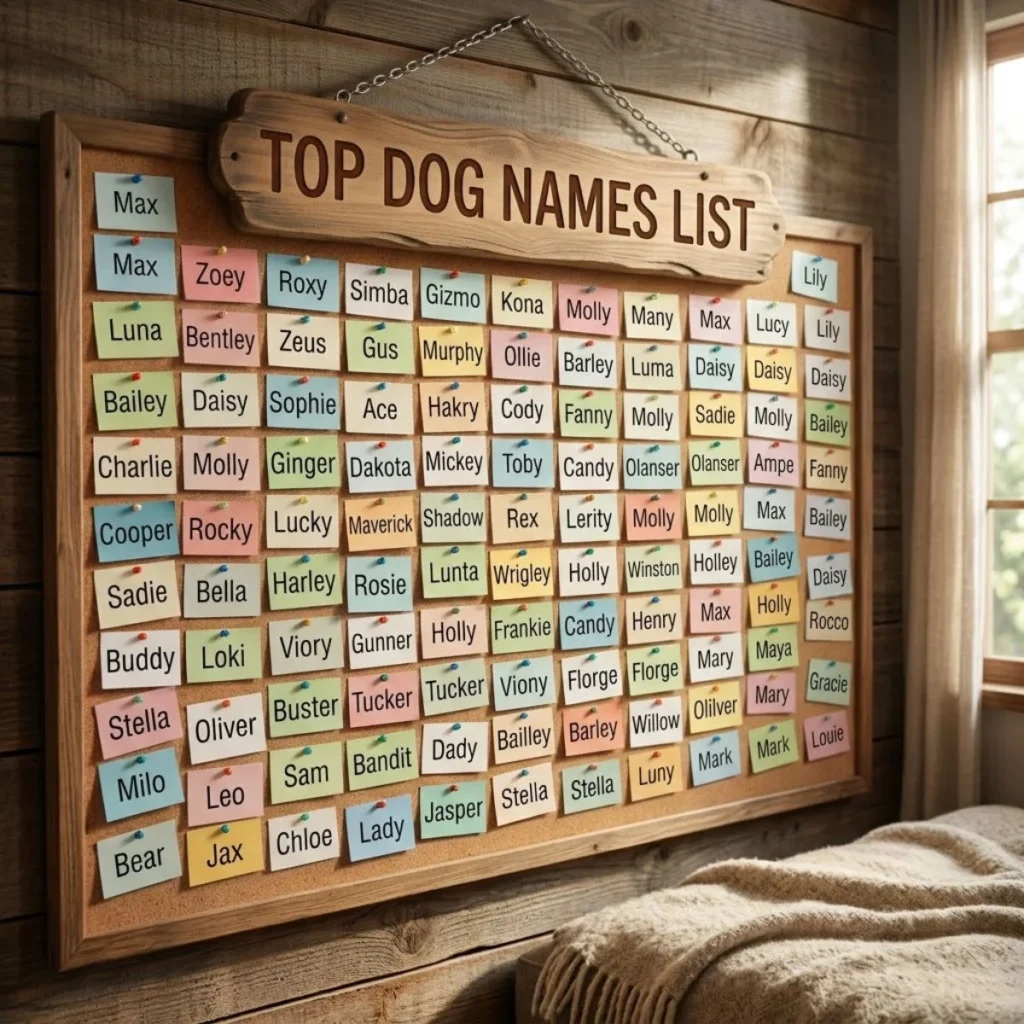 Framed cork board displaying colorful sticky notes with popular dog names inside a cozy rustic room