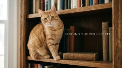 An attentive orange tabby cat perched on a rustic wooden bookshelf beside vintage hardcover books