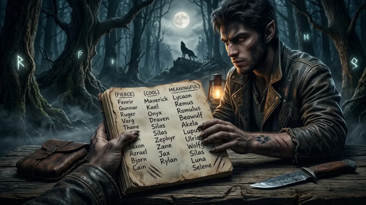 Werewolf character reading a list of fierce wolf names from an old parchment book in a misty dark forest