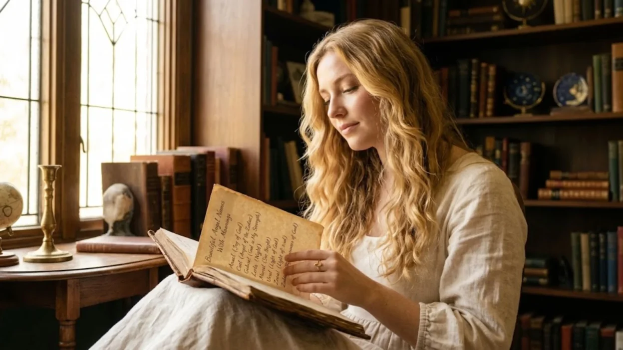 A blonde woman in a rustic dress reads an antique book of angel names beside a sunlit library window.