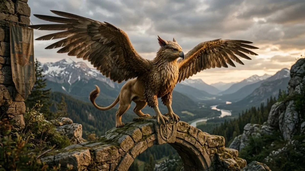 Majestic griffin with spread wings perched on a stone arch overlooking a valley